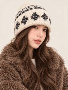 1pc Knitted Beanie Hat, Warm Hat For Autumn/Winter, Outdoor Warm Hat, Street Vintage Rolled Edge Jacquard Knitted Hat, Winter Warm Beanie With Large Head Circumference And Face-Slimming Effect - Multicolor - View 3