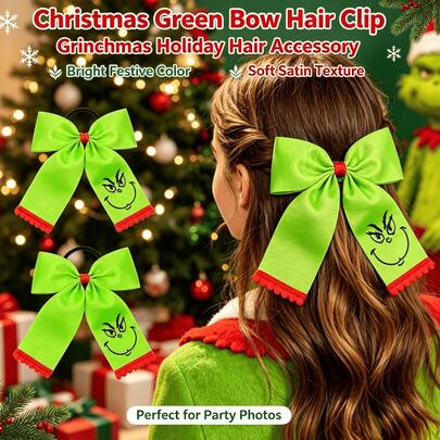 The Grinch Christmas Hair Clip Green Large Bow Hair Tie Smiling Face Party Hair Accessory Half-Up Hairstyle