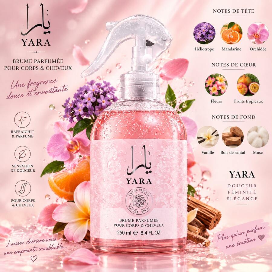 Lattafa Dubai Flower Yara Spray 250ML – Floral & Vanilla Scented Mist – Body & Home Spray – Long Lasting - Floral - View 1