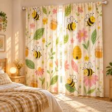 2pcs Cute Cartoon Bee & Floral Pattern Semi-Sheer Bedroom Curtains, 90GSM Polyester Semi-Transparent Privacy Protection, Cute Style Living Room Curtains, Kitchen Curtains, Suitable For Home, Room, Kitchen Dividers Or Decoration, Rod Pocket Design Easy Installation, Quick Dry, Water-Resistant, Fade-Resistant, Lightweight Removable Washable Curtains - Multicolor - View 7