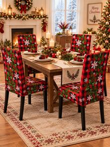 Christmas Dining Chair Set Red & Black Plaid Holly Berry Snowflake Print Chair Covers Restaurant Kitchen Holiday Table Decor - Red - View 2