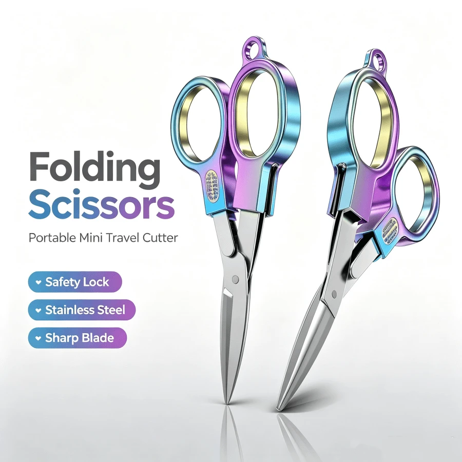 1pc Dual-Ring Rainbow Titanium Color Folding Scissors, Portable Mini Retractable Stainless Steel Small Scissors With Keyhole Pocket Scissors, Travel Craft Office Home Cutting Tool Suitable For Carrying, Suitable For Private Fishing, Travel Home, Back To School Season Essential, Craft Scissors - A - View 1