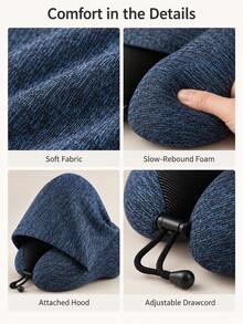 1pc Portable Neck Pillow With Hood, Memory Foam U-Shaped Travel Pillow, Slow Rebound Neck Support, Soft Fabric Airplane Neck Cushion, Suitable For Home, Office, Car, Train And Flight - Multicolor - View 6