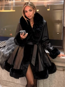 Giolshon 女士 PU 皮革夹克，带人造毛皮内衬、兜帽和腰带 - 简约时尚，适合秋冬季节，黑色优雅款 - 黑色 - 查看 3