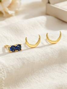Artepollo Delicate 2‑Pcs Crescent Moon & Sapphire‑Color CZ Studs, 925 Silver 14K Plated Mix‑Match Ear Jewelry For Girls Dating - Gold - View 4