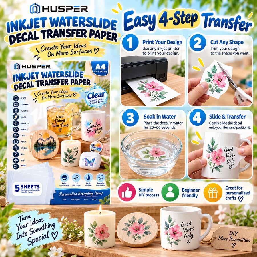 ورق نقل ملصقات مائي شفاف HUSPER A4 للطباعة بنفث الحبر، ورق مائي شفاف قابل للطباعة DIY للأكواب والزجاج والسيراميك والشموع والحرف اليدوية، ديكورات هالوين والكريسماس والعطلات - A - مشاهدة 1