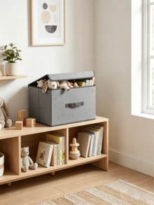 1pc Linen Storage Box With Lid, Washable & Foldable, Large Capacity Dust-Proof, Multi-Functional Organizer Basket, Suitable For CD Storage, Home Miscellaneous Storage, Bedroom & Bathroom Storage - Light Grey - View 5