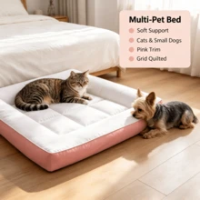 1pc White Pink Trim Quilted Pet Bed, Minimalist Polyester Rectangular Mat, Thick Stitched Padded Soft Cushion, Soft Support Sleeping Pad, Suitable For Indoor Bedroom Floor, All-Season Dog Cat Pet Supplies - Pink - View 4