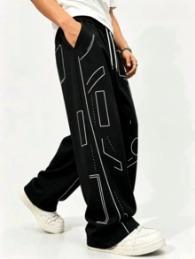 Modern Abstract Line Print Drawstring Elastic Waist Loose Wide Leg Sweatpants, Minimalist Urban Street Style Casual Sports Long Pants - Black - View 2