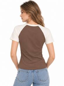 Nike Round Neck Sporty Casual Retro Patchwork Women's Slim Fit Short-Sleeved Top - Brown/Beige - View 2