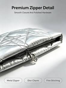 Dior Silver Quilted Diamond Pattern Makeup Bag, Metallic Glossy Finish, CD Logo Zipper Storage Pouch, Large Capacity Portable Skincare Clutch, Luxury Gift - Silver - View 2