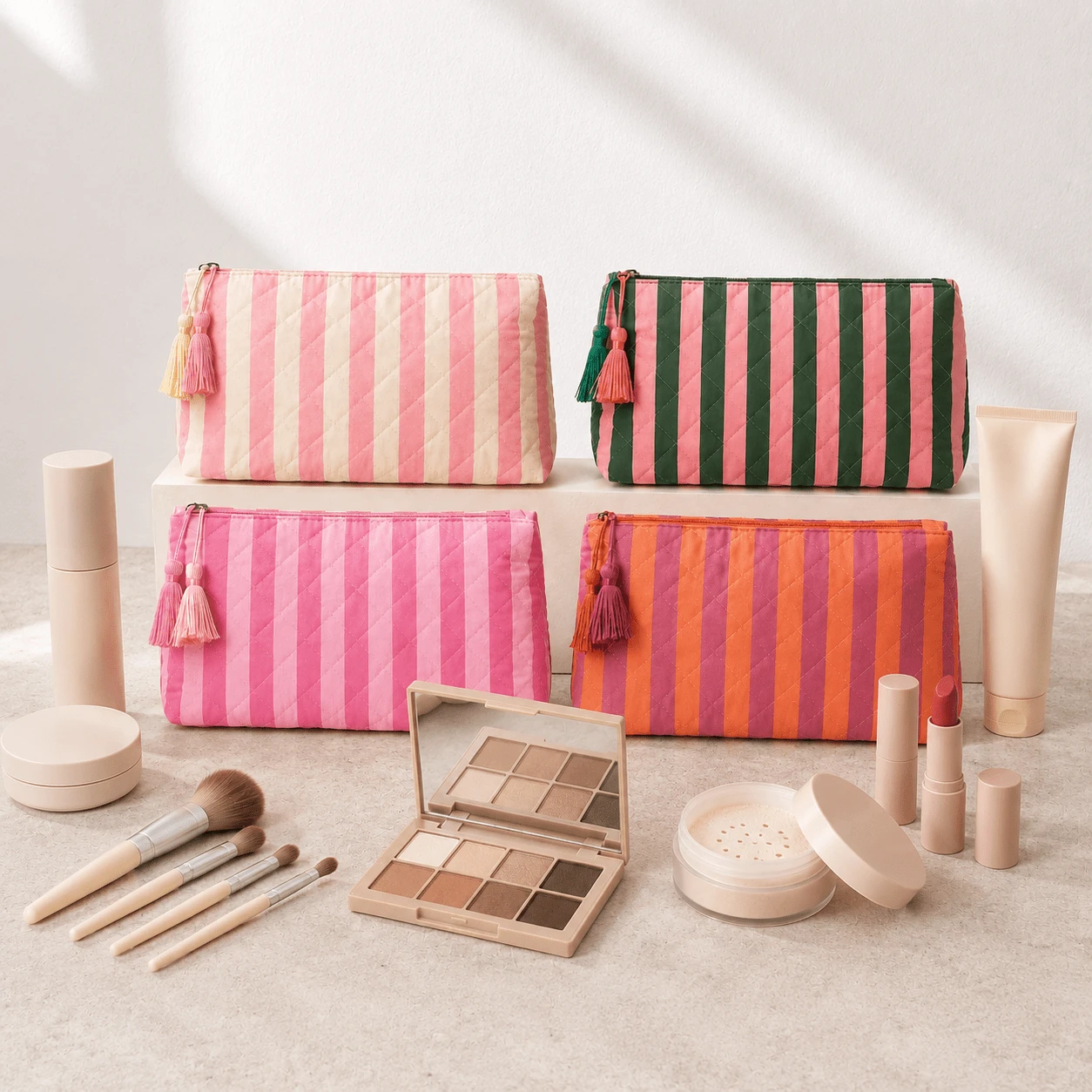 Striped Diamond Quilted Makeup Bag For Women, Portable Travel Storage Bag With Tassel Zipper Design, Large Capacity Skincare Organizer Bag, Exquisite Cosmetic Storage Bag For Daily Carry - Multicolor - View 1