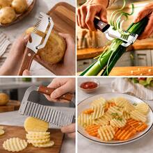 1/2pcs Crinkle Cutter & Multifunction Vegetable Peeler Set, Stainless Steel Wave Potato Cutter With Wooden Handle, Vegetable Slicer Peeling Tool For Potatoes, Carrots, Cucumbers, Fruits, Kitchen Food Prep Tools - Multicolor - View 9