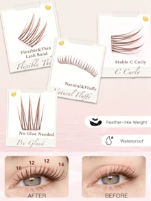 FindLove 100Clusters Natural Brown Lashes With Adhesive DIY Pre Glued Lash Extensions C Curl 8-16mm Press-On Eyelash Idol Wispy Lash Reusable Individual Eyelashes Natural Soft Lightweight Mix Style Lash Clusters For Self Use At Home Or Travel Makeup Tools - C - View 2