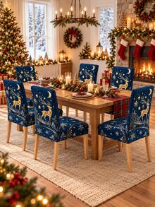 Christmas Dining Chair Set Navy Blue & Gold Deer Moon Snowflake Print Chair Covers Restaurant Kitchen Christmas Party Home Decor Christmas Home Decor - Multicolor - View 4