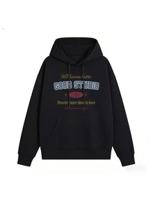 女款黑色大學字母印花連帽衛衣，復古落肩寬鬆抽繩長袖休閒上衣 - 黑色 - 查看 4