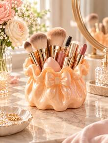 1pc Ruffle Bow Makeup Brush Holder, Cute Macaron Color Cosmetic Organizer Cup, Suitable For Vanity Tabletop, Can Store Makeup Brushes, Lipsticks, Eyeliner Pencils And Beauty Tools, Bedroom Bathroom Countertop Storage, Vanity Room Decor, Gift For Women And Girls - Multicolor - View 6