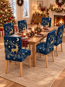 Christmas Dining Chair Set Navy Blue & Gold Deer Moon Snowflake Print Chair Covers Restaurant Kitchen Christmas Party Home Decor Christmas Home Decor - Multicolor - View 12