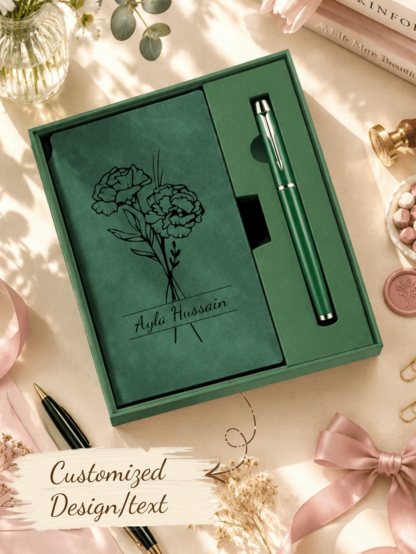 Personalized Birth Flower Notebook Set, Custom Name Journal With Pen & Gift Box, A6 Floral Notebook Christmas Gift For Women, Bridesmaids Teachers Graduation Students, Holiday Stocking Stuffers Keepsake Journal For Writing Memory - A6 Softcover Notebook - Black & White - View 1