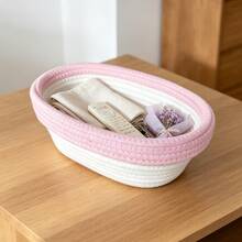 Cotton Rope Storage Basket, Oval Decorative Organizer Bin For Desktop, Vanity, Bathroom, Kitchen Home Decor - Pink and White - View 1