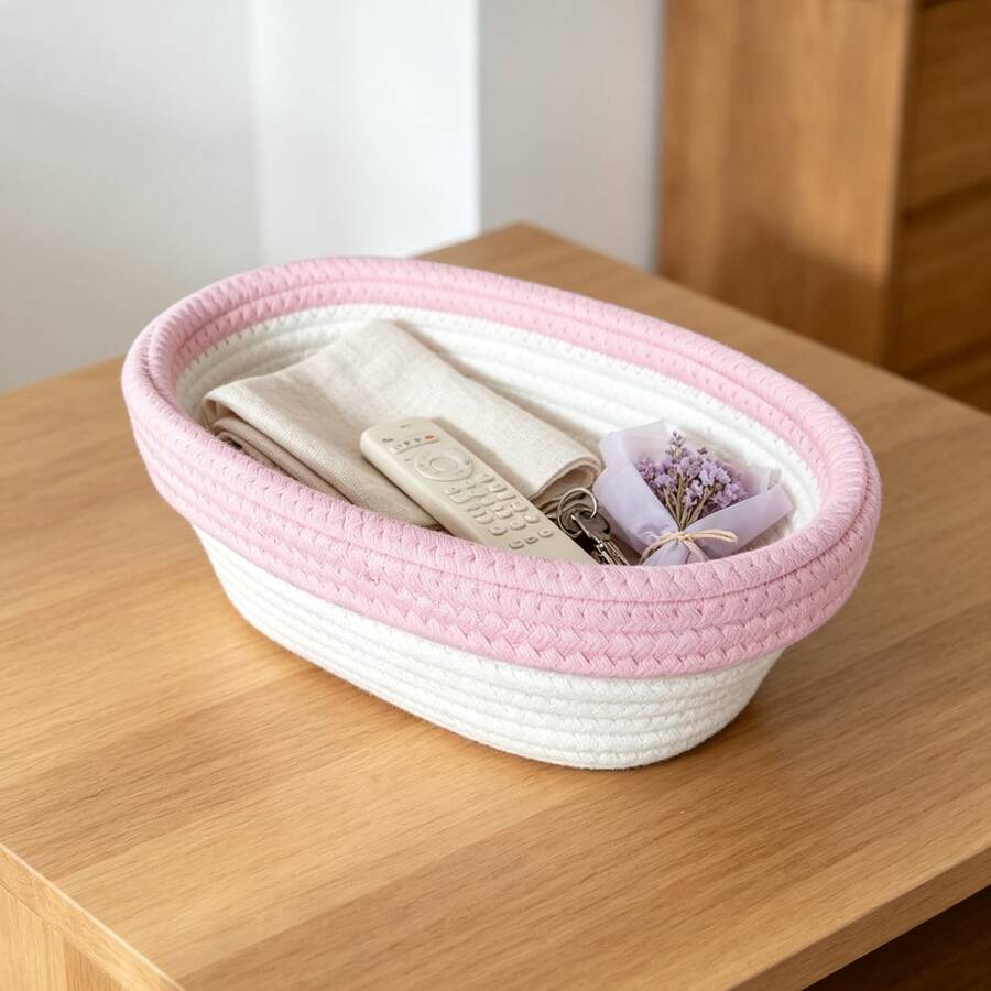 Cotton Rope Storage Basket, Oval Decorative Organizer Bin For Desktop, Vanity, Bathroom, Kitchen Home Decor - Pink and White - View 1