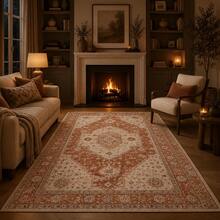 1pc Rectangular Vintage Clay Badge Pattern Oriental Style Carpet, Retro Bohemian Warm Tone Floor Rug, Soft Skin-Friendly Fabric With Non-Slip Backing, Durable And Easy To Clean, Suitable For Living Room, Bedroom, Dining Room, Entryway, Perfect For Daily Rustic Farmhouse Home Decor - Multicolor - View 4