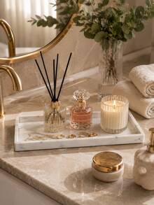 1pc White Rectangular Vanity Tray, Elegant Bathroom Countertop Storage Tray, Suitable For Fragrance, Skincare, Jewelry, Candles And Reed Diffusers, Decorative Storage Tray, Suitable For Vanity, Bedroom, Sink, Coffee Table And Home Decor, Housewarming Gift For Women - Multicolor - View 3
