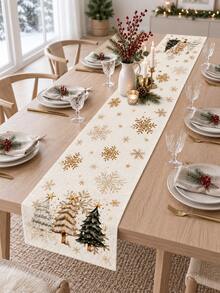 1 buah Taplak Meja Natal, Motif Kepingan Salju Emas, Pohon Natal Klasik, Motif Bintang, Dekorasi Meja Natal Gaya Pedesaan Amerika, Cocok untuk Pesta Makan Malam Liburan, Meja Makan Dapur - MultiWarna - View 2