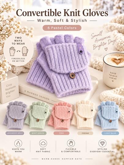 Guantes de lana con tapa abatible para otoño/invierno, diseño de media-dedo abatible de doble uso, cómodos y amigables con la piel, unisex, cálidos y prácticos, adecuados para ir al trabajo, ir de compras, correr y otras actividades al aire libre