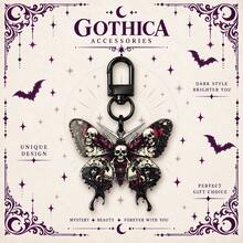 5/2/1PC Halloween Gothic Butterfly Keychain, Skull Moon Sun Printed Butterfly Pendant Key Ring, Punk Dark Style Bag Charm For Backpack Purse Keys - Black - View 2