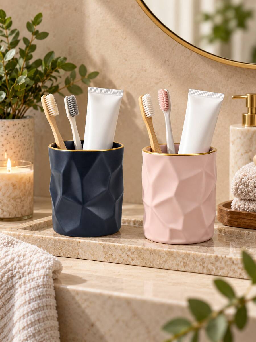 1pc Geometric Toothbrush Holder With Gold Rim, Bathroom Countertop Organizer For Toothbrushes And Toothpaste, Modern Minimalist Toothbrush Cup, Decorative Bathroom Accessories, Vanity Storage For Home - Multicolor - View 1