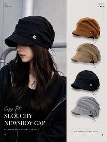 1pc Women's Corduroy Knitted Newsboy Cap, Loose Fit Adjustable Drawstring Hat, Ribbed Texture, Warm Autumn/Winter Street Style Travel Hat - A - View 2