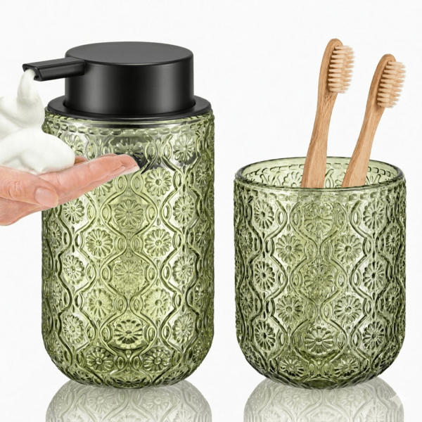 Modern Style Bathroom Set Glass Green 2 Pieces Set Foam Soap Dispenser, Toothbrush Holder Suitable For Bathroom Countertop