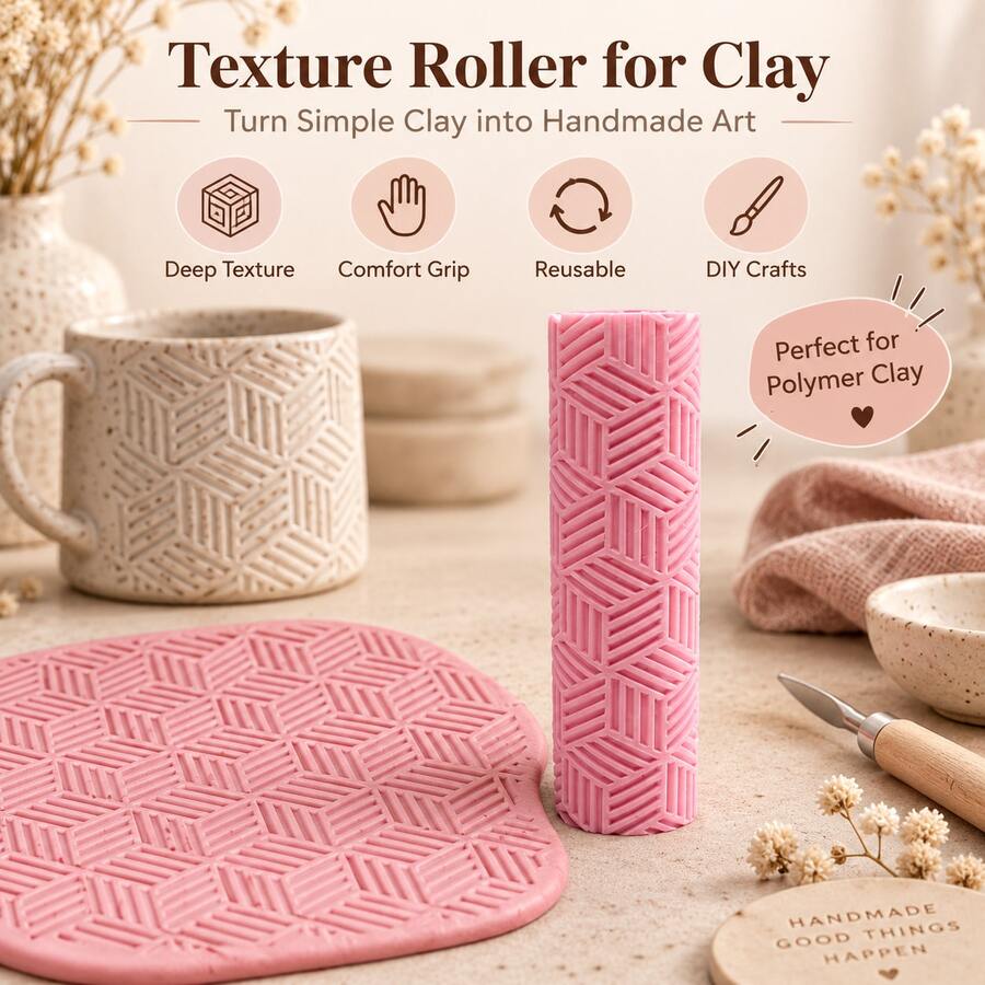 Hexagon Stripe Texture Clay Roller, 3D Printed PLA Pottery Roller, Ceramic Embossing Tool For Polymer Clay, Soft Clay, Air Dry Clay, Pottery, DIY Craft, Sculpting, Handbuilding, Geometric Pattern Stamp Roller, Ceramic Making Supplies - Hexagonal Striped Pink - View 1