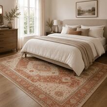 1pc Rectangular Vintage Clay Badge Pattern Oriental Style Carpet, Retro Bohemian Warm Tone Floor Rug, Soft Skin-Friendly Fabric With Non-Slip Backing, Durable And Easy To Clean, Suitable For Living Room, Bedroom, Dining Room, Entryway, Perfect For Daily Rustic Farmhouse Home Decor - Multicolor - View 3