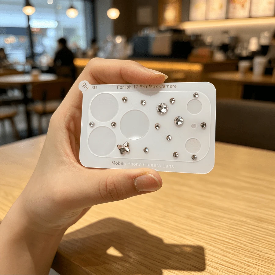 1pc Silver Matte Transparent Lens Protector Film, Rhinestone Decor Sticker, PET Electrostatic Adsorption No Residue, Hollow Camera Design For Easy Photography, Anti-Scratch Lens Protection Sticker, Compatible With Iphone 18pro/18 Pro Max/17pro/17pro - Silver - View 1