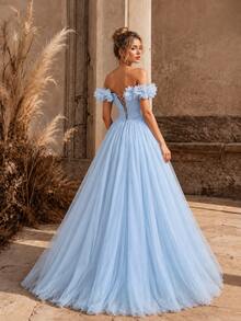 VIPGIRL SHEIN X Hannahelzahed Hannah Dreamy Blue Floral Open Shoulder Sheer Prom Dress, High Slit Design, Fitted Bodice, Wedding Guest Dress Spring Fall Party - Baby Blue - View 3