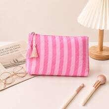 Striped Diamond Quilted Makeup Bag For Women, Portable Travel Storage Bag With Tassel Zipper Design, Large Capacity Skincare Organizer Bag, Exquisite Cosmetic Storage Bag For Daily Carry - Multicolor - View 5