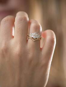 1PC 18K Gold Plated Luxury White Gemstone Ring,Dual Round Center Stones,Horse Eye And Round Cluster Floral Ring, Ladies' Exquisite Holiday Party Gift - Yellow Gold - View 3