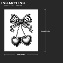 INKARTLINK 1PC Leopard Print Bow Heart Cherry Temporary Tattoo Sticker, Waterproof Body Art Tattoo Sticker, Lasts 2-5 Days, Water Transfer Colorful Tattoo Sticker, Suitable For Men And Women, Essential For People, Party Essential Decoration, Festival Celebration Body Decoration - Black - View 5