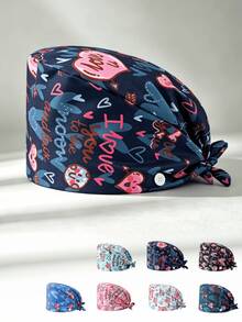 1pc Women's Heart Print Tie-Up Work Hat, Side Button Design Adjustable Headwrap Cap, Breathable Dust-Proof Beauty Salon Kitchen Protective Cap - Love Style - View 4