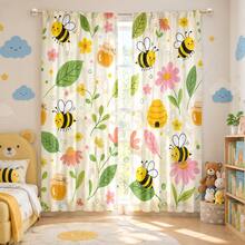 2pcs Cute Cartoon Bee & Floral Pattern Semi-Sheer Bedroom Curtains, 90GSM Polyester Semi-Transparent Privacy Protection, Cute Style Living Room Curtains, Kitchen Curtains, Suitable For Home, Room, Kitchen Dividers Or Decoration, Rod Pocket Design Easy Installation, Quick Dry, Water-Resistant, Fade-Resistant, Lightweight Removable Washable Curtains - Multicolor - View 8