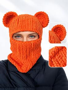 Autumn/Winter Funny Bear Ear Balaclava Hat For Women, Chunky Knit Hollow Out One-Piece Knitted Hat, Face And Neck Protection, Personalized Outfit, Photo-Ready Woolen Head Cover - Multicolor - View 2