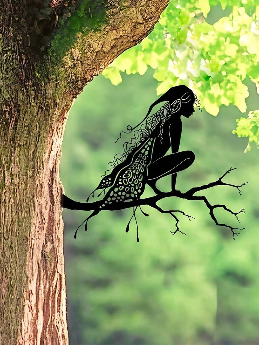 Fairy Silhouette Metal Decor, Cute Garden Fairy Ornament, Fairy Art Decoration, Fairy Sitting On Tree Trunk, Tree-Shaped Metal Sign, Tree-Shaped Garden Decor - A - View 1