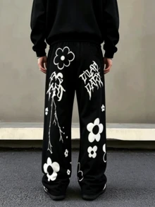 Dark Gothic Letter & Floral Print Wide Leg Pants, Unisex Drawstring Elastic Waist Y2K Loose Straight Leg Casual Sweatpants - Black - View 3