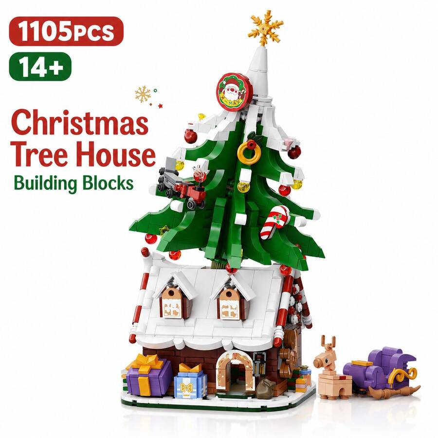 Christmas Treehouse Building Block Set With Reindeer Sleigh Mini Figurine, Holiday Home Decor, Festive Atmosphere Decoration, 1105PCS