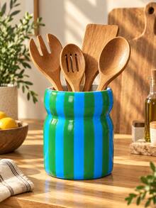 1pc Colorful Striped Utensil Holder, Large Glossy Kitchen Countertop Utensil Crock, Decorative Cooking Tool Storage Jar, Multi‑Color Choice, Perfect Housewarming Kitchen Gift - Waist-cinching Striped Storage - View 4