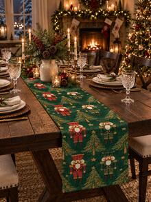 1pc Christmas Table Runner, Nutcracker, Christmas Tree, Star, Pine Branch Print, Vintage Country Christmas Table Decor, Suitable For Holiday Dinner Party Table - Multicolor - View 8