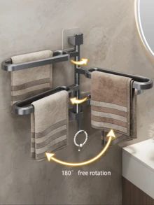 1pc No-Drill Rotating Multi-Bar Towel Rack, Bathroom Towel Holder, Bathroom Storage Rack, Bathroom Towel Rack - Multicolor - View 4