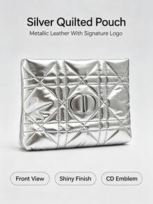 Dior Silver Quilted Diamond Pattern Makeup Bag, Metallic Glossy Finish, CD Logo Zipper Storage Pouch, Large Capacity Portable Skincare Clutch, Luxury Gift - Silver - View 4